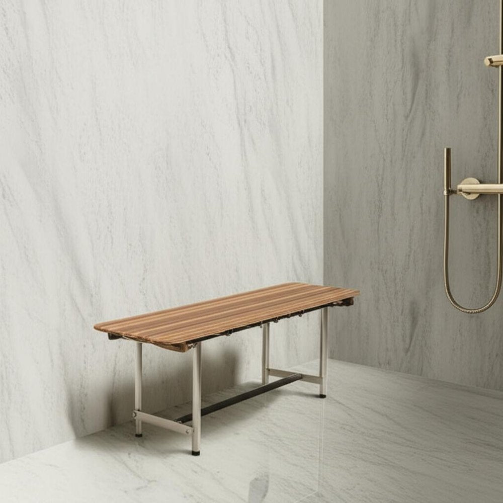 18" X 34" Brown Teak Rectangular Shower Bench styled in a furnished interior with an off-white wall on a off-white floor.