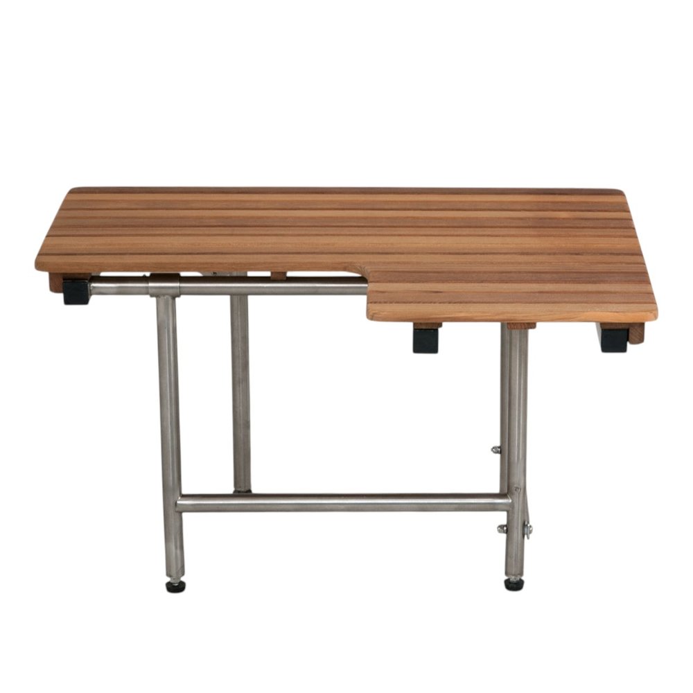 30" Brown Wall Mount Teak Rectangular Shower Bench With Legs - 18.00" H x 30.00" W x 24.00" D. Shower bench isolated on a plain white background, showing a brown teak surface.