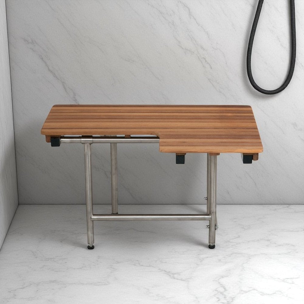 30" Brown Wall Mount Teak Rectangular Shower Bench With Legs - 18.00" H x 30.00" W x 24.00" D.