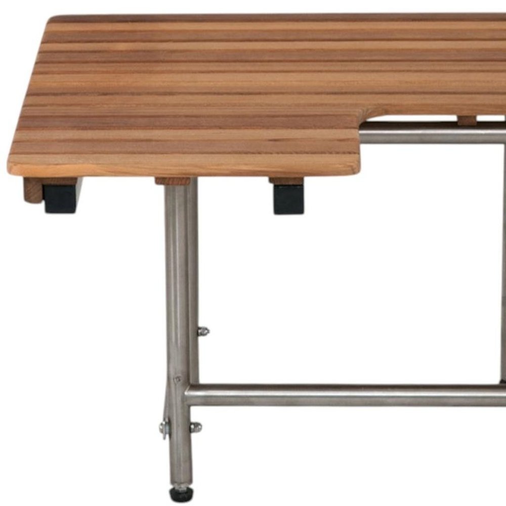 30" Brown Wall Mount Teak Rectangular Shower Bench With Legs - 18.00" H x 30.00" W x 22.50" D. Shower bench isolated on a plain white background, finished in brown teak.