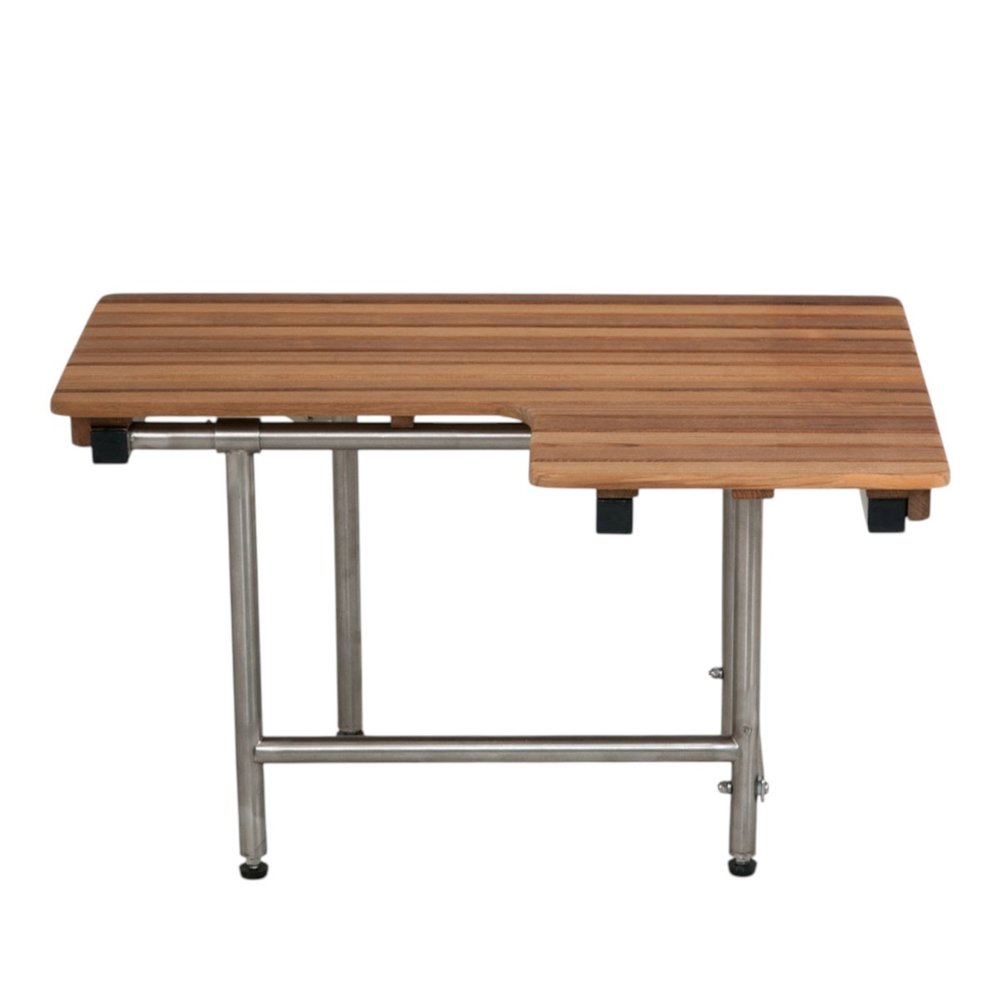 30" Brown Wall Mount Teak Rectangular Shower Bench With Legs - 18.00" H x 30.00" W x 22.50" D. Shower bench isolated on a plain white background, showing a brown teak surface.
