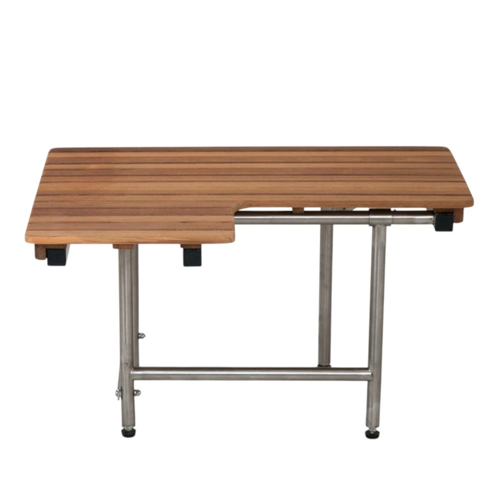 30" Brown Wall Mount Teak Rectangular Shower Bench With Legs - 18.00" H x 30.00" W x 22.50" D. Shower bench isolated on a plain white background, showing a brown teak surface.
