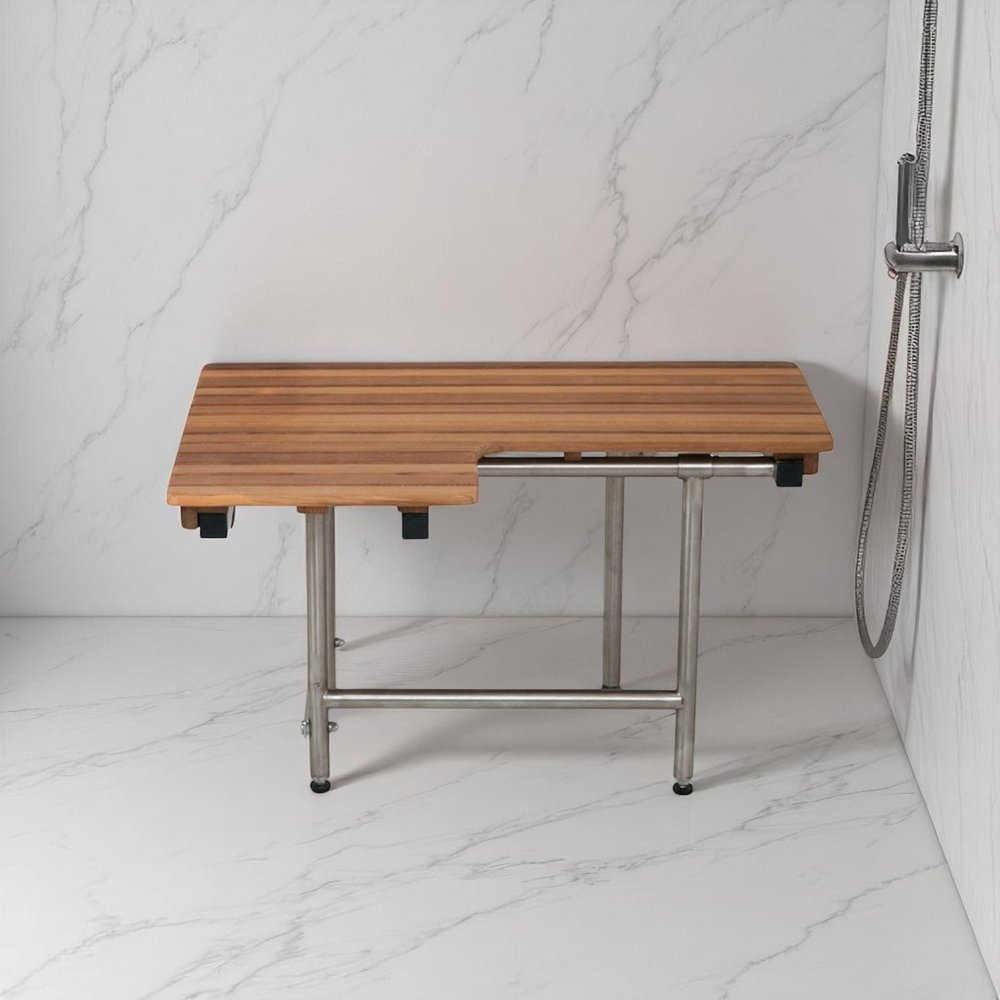 30" Brown Wall Mount Teak Rectangular Shower Bench With Legs - 18.00" H x 30.00" W x 22.50" D. Shower bench isolated on a plain white background.