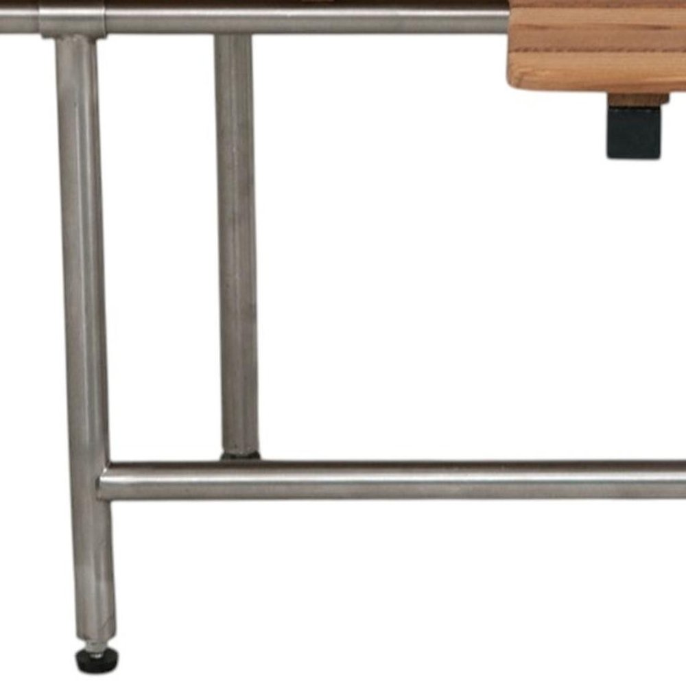 18" X 32" Brown Teak Rectangular Shower Bench With Legs. Shower bench isolated on a plain white background, finished in brown teak.