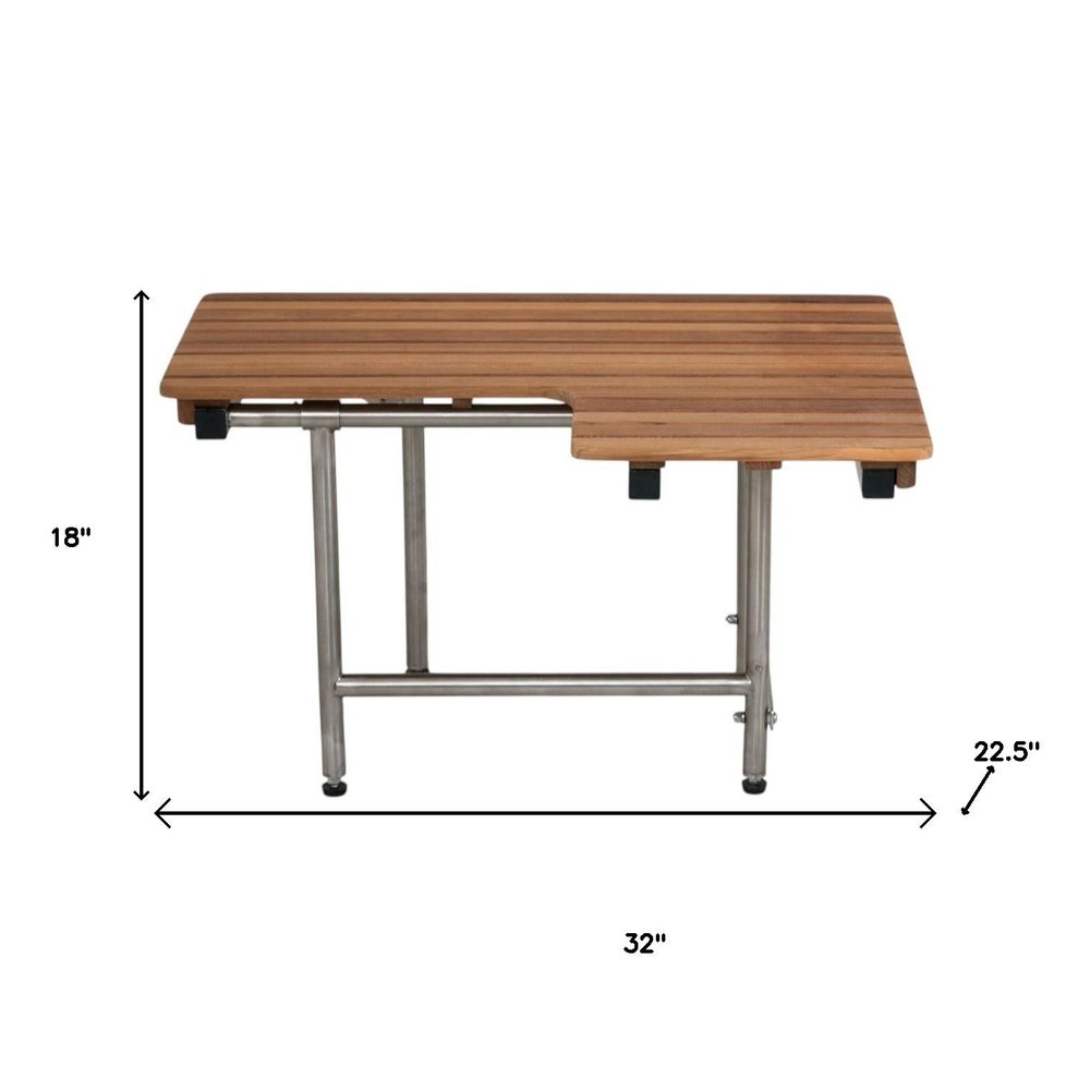 18" X 32" Brown Teak Rectangular Shower Bench With Legs. Shower bench isolated on a plain white background, in a brown teak finish.