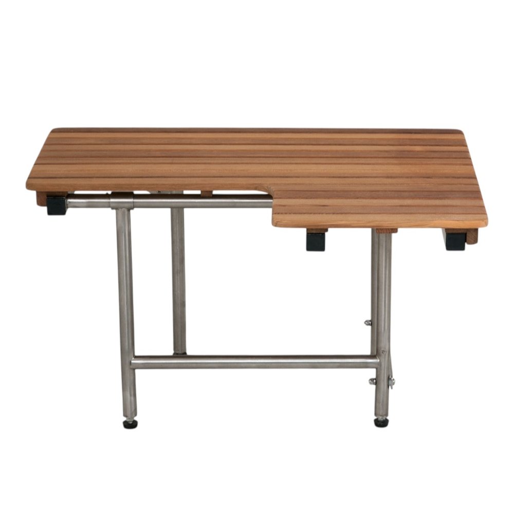 18" X 32" Brown Teak Rectangular Shower Bench With Legs. Shower bench isolated on a plain white background, in a brown teak finish.