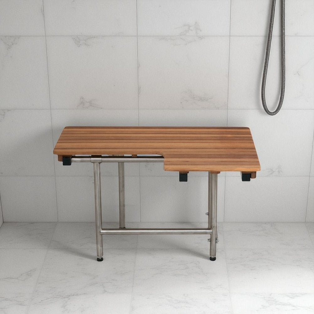 18" X 32" Brown Teak Rectangular Shower Bench With Legs. Shower bench isolated on a plain white background.