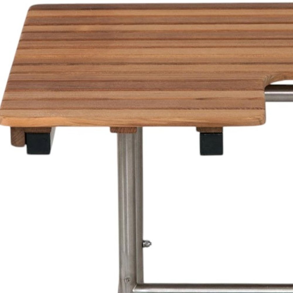 18" X 32" Brown Wall Mount Teak Rectangular Shower Bench With Legs. Shower bench isolated on a plain white background, in a brown teak finish.