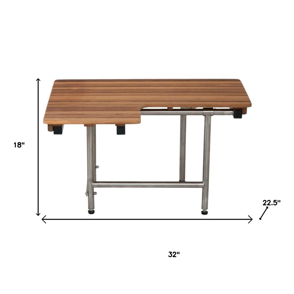 18" X 32" Brown Wall Mount Teak Rectangular Shower Bench With Legs. Shower bench isolated on a plain white background, showing a brown teak surface.