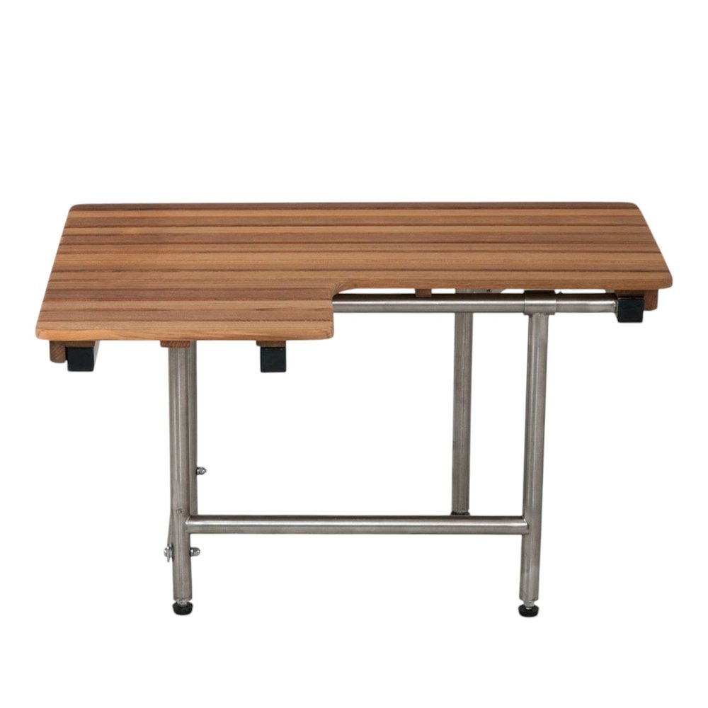 18" X 32" Brown Wall Mount Teak Rectangular Shower Bench With Legs. Shower bench isolated on a plain white background, showing a brown teak surface.