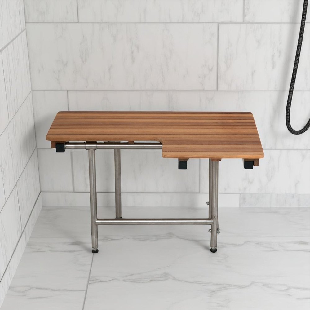 18" X 32" Brown Wall Mount Teak Rectangular Shower Bench With Legs. Shower bench isolated on a plain white background, finished in brown teak.