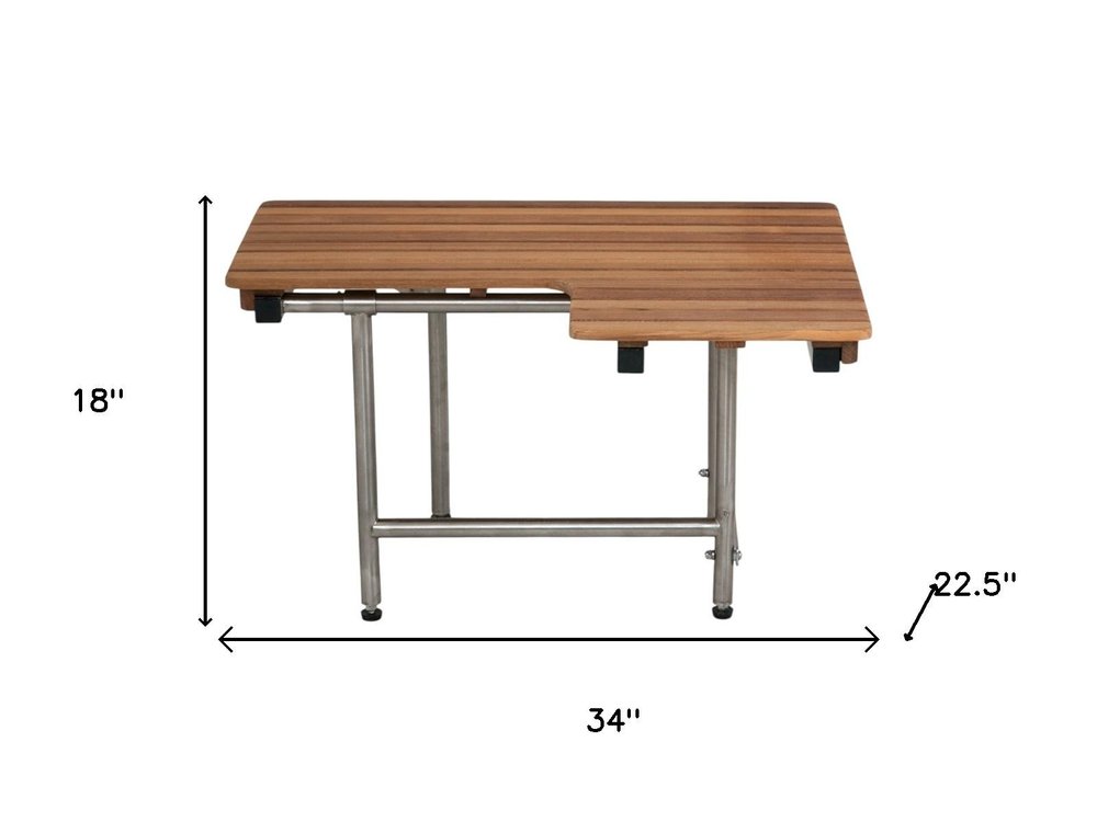 18" X 34" Brown Teak Wall Mount Rectangular Shower Bench With Legs
