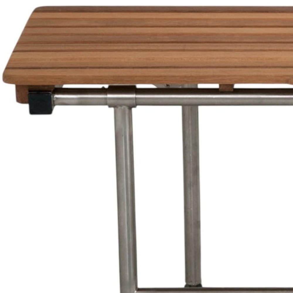 18" X 34" Brown Teak Wall Mount Rectangular Shower Bench With Legs. Shower bench isolated on a plain white background, finished in brown teak.