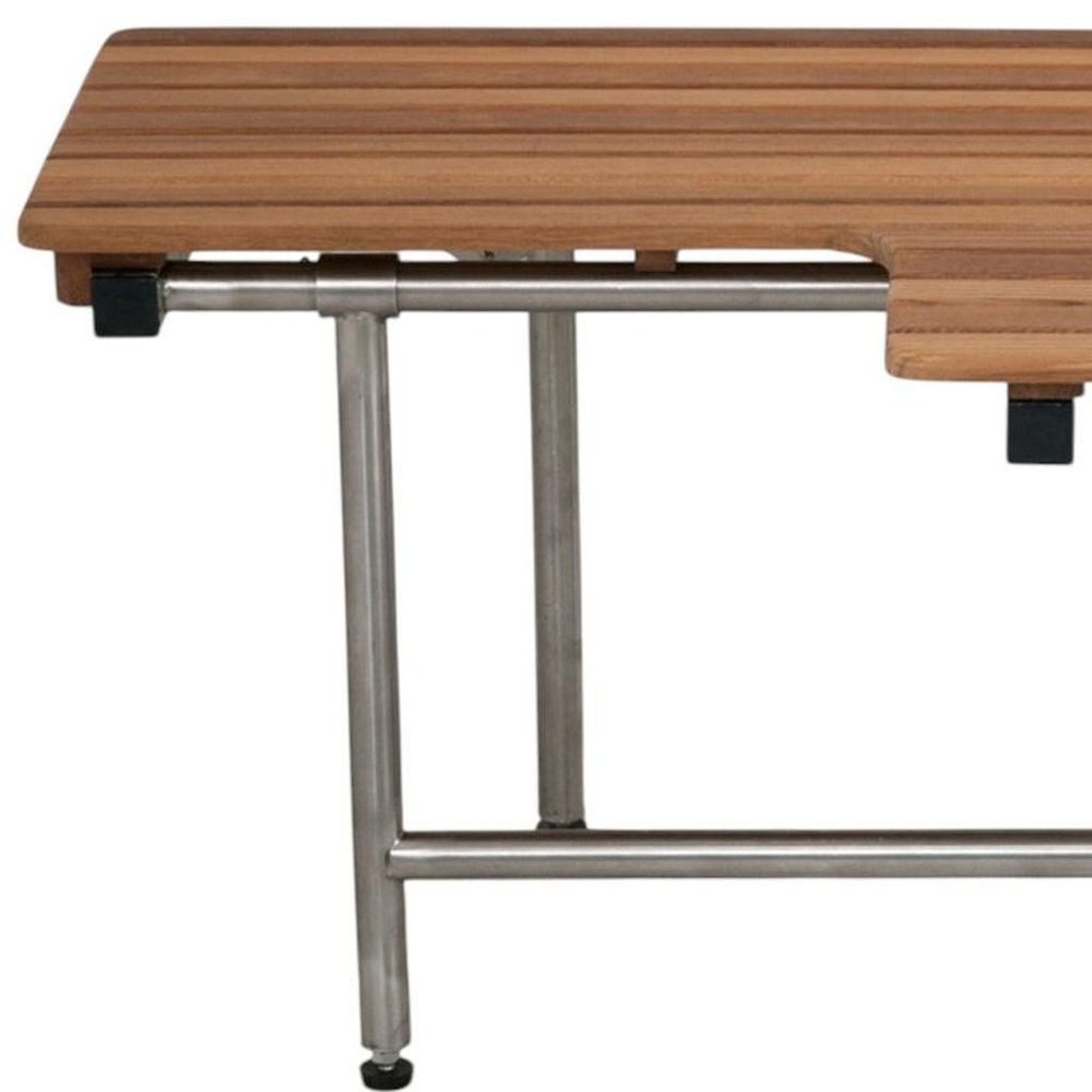18" X 34" Brown Teak Wall Mount Rectangular Shower Bench With Legs. Shower bench isolated on a plain white background, in a brown teak finish.