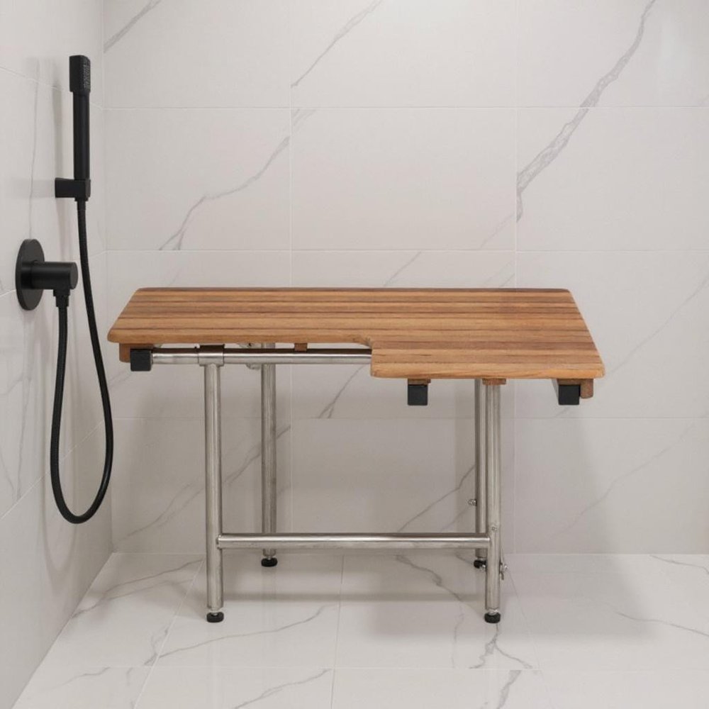 18" X 34" Brown Teak Wall Mount Rectangular Shower Bench With Legs. Shower bench isolated on a plain white background, finished in brown teak.