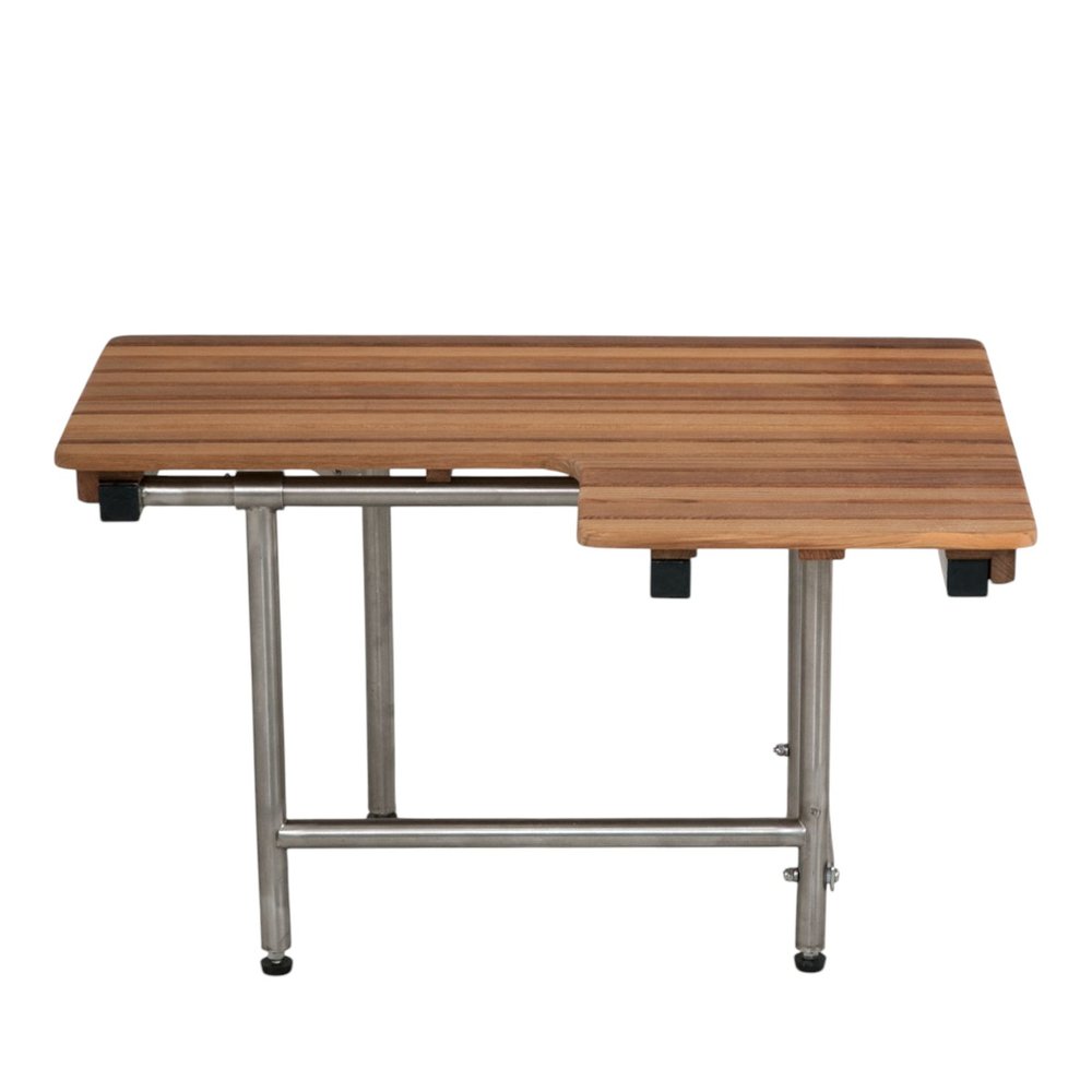 18" X 34" Brown Teak Wall Mount Rectangular Shower Bench With Legs. Shower bench isolated on a plain white background, showing a brown teak surface.