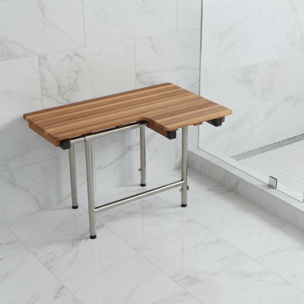 18" X 34" Brown Teak Wall Mount Rectangular Shower Bench With Legs. Shower bench isolated on a plain white background.