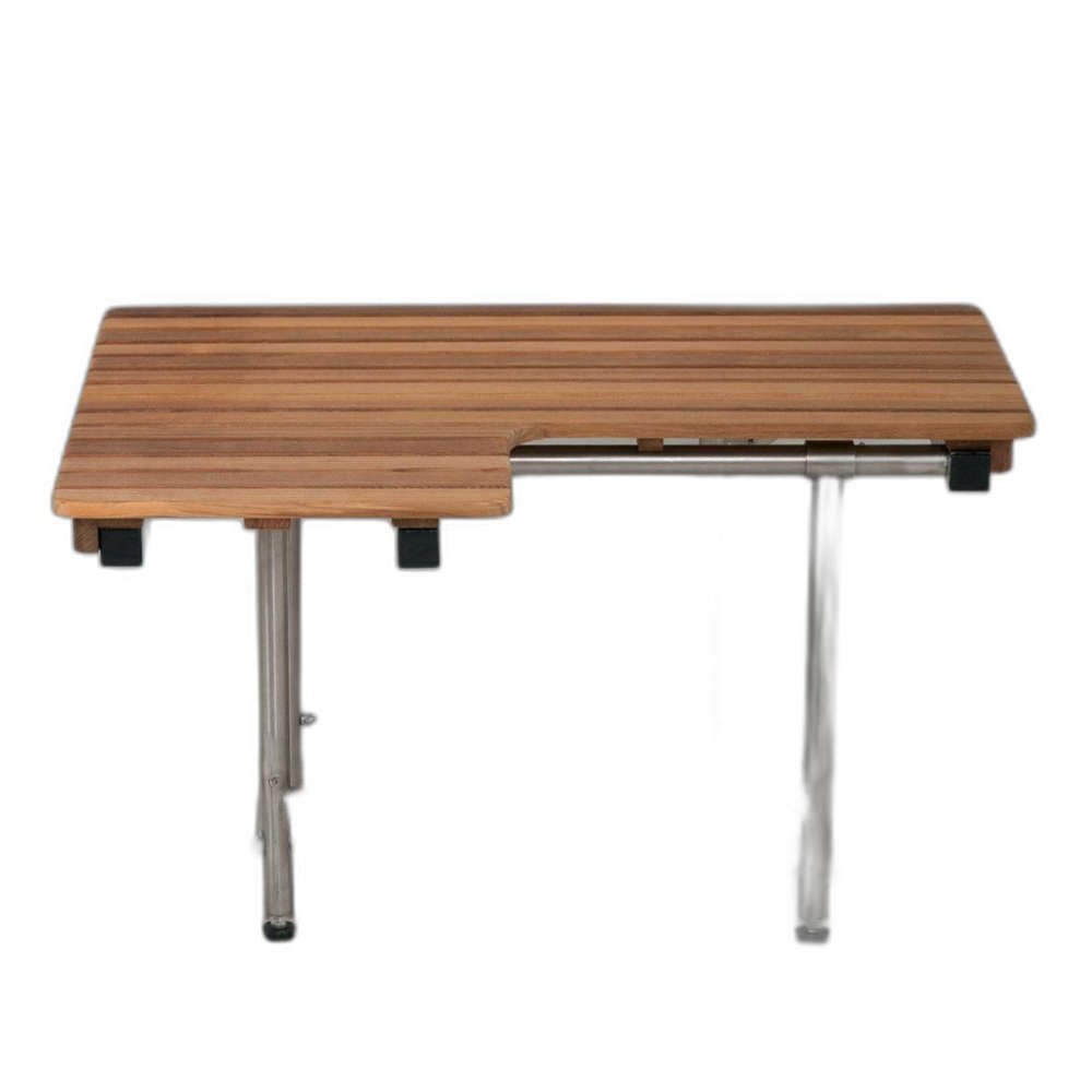 18" X 34" Brown Teak Wall Mount Rectangular Shower Bench. Shower bench isolated on a plain white background, finished in brown teak.