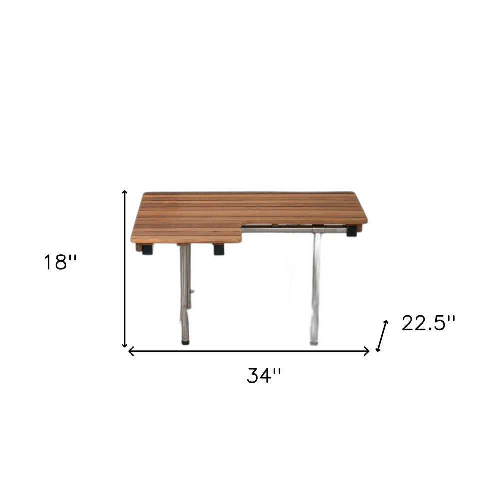 18" X 34" Brown Teak Wall Mount Rectangular Shower Bench. Shower bench isolated on a plain white background, showing a brown teak surface.