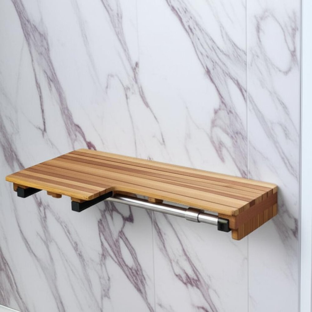 18" X 34" Brown Teak Wall Mount Rectangular Shower Bench. Shower bench isolated on a plain white background, showing a brown teak surface.