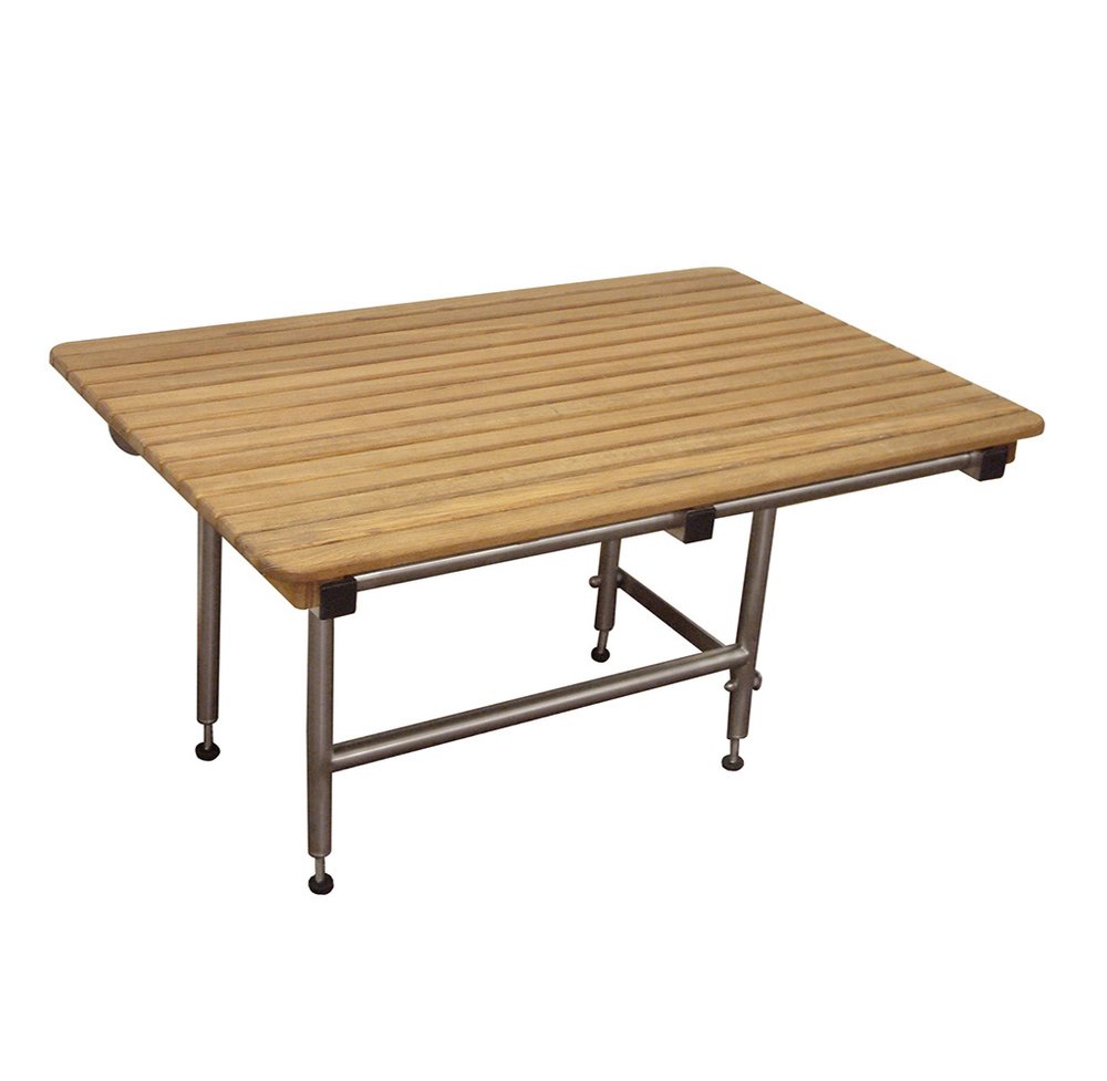 Rectangular teak shower bench with metal legs on a white background.