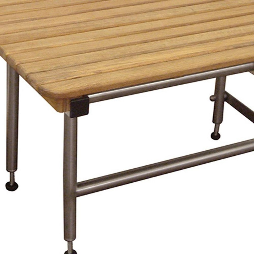 18" X 40" Brown Teak Rectangular Shower Bench - with Rectangular Seat Shape. Shower bench isolated on a plain white background, finished in brown teak.