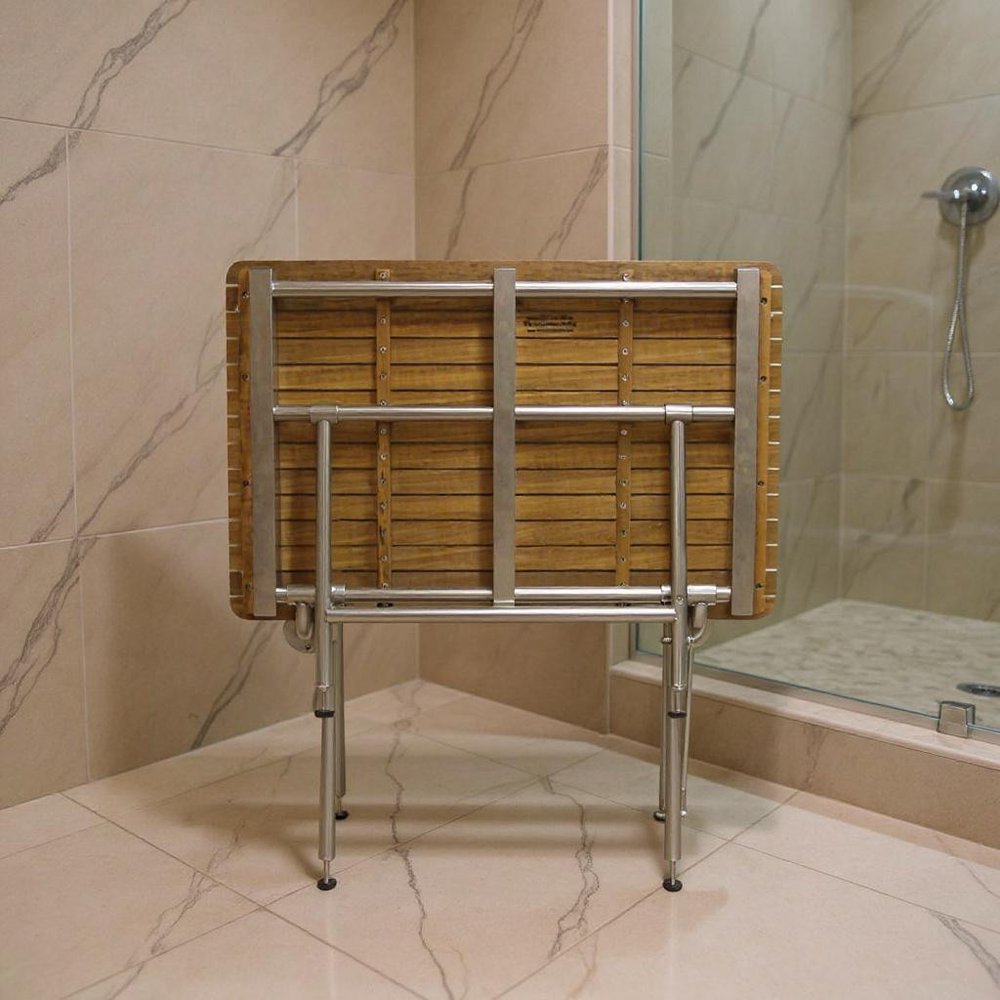 18" X 42" Brown Teak Rectangular Shower Bench - 18" H x 42" W x 24" D. Shower bench in brown teak.