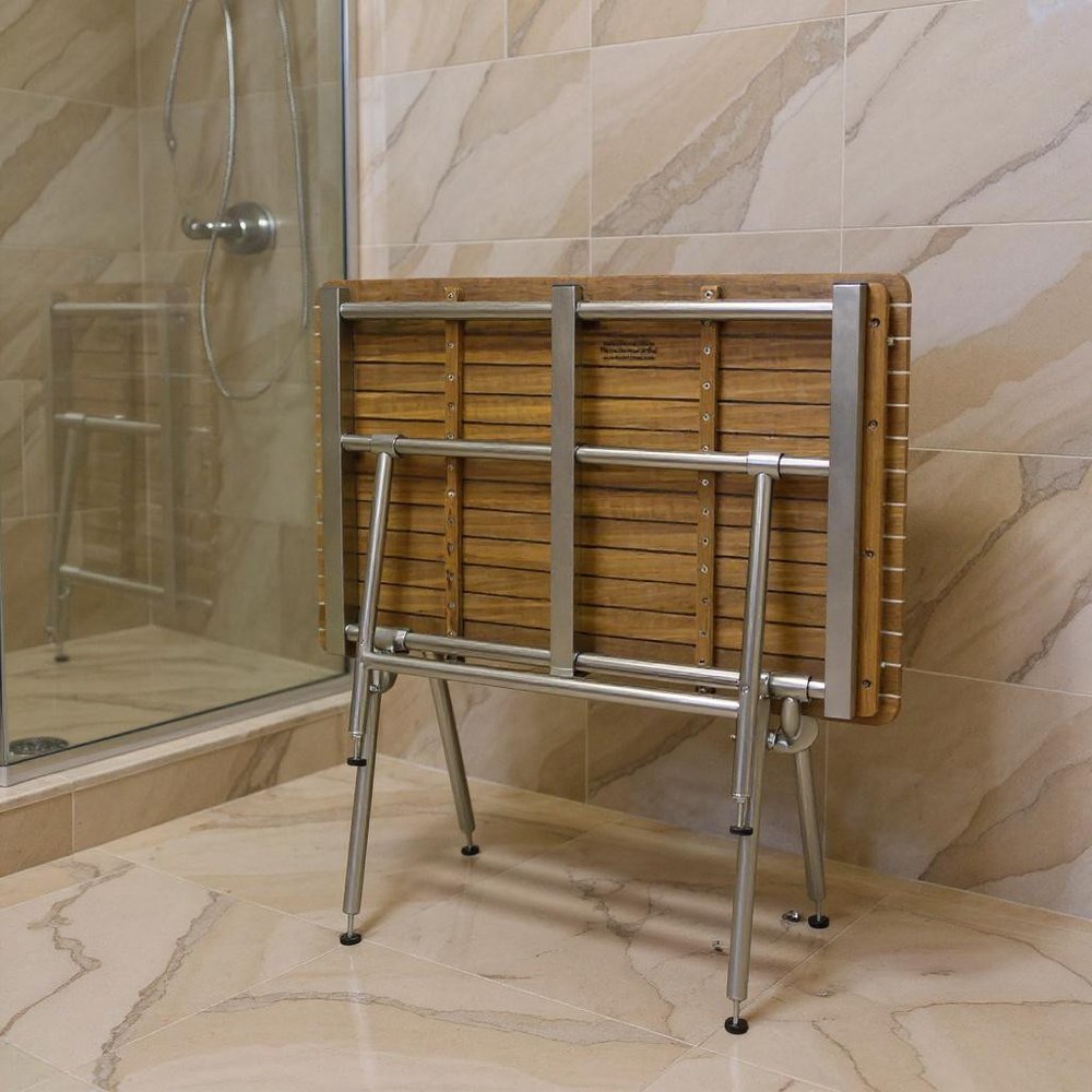 18" X 48" Brown Teak Rectangular Shower Bench - with Leg Levelers. Shower bench in brown teak.