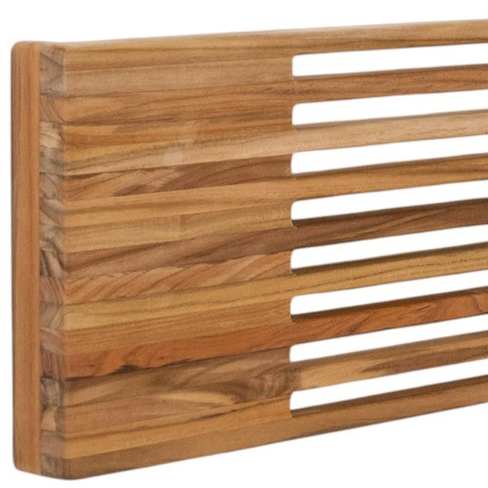 24" Brown Wall Mount Teak Rectangular Shower Bench. Shower bench isolated on a plain white background, finished in brown teak.