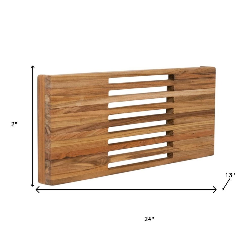 24" Brown Wall Mount Teak Rectangular Shower Bench. Shower bench isolated on a plain white background, showing a brown teak surface.