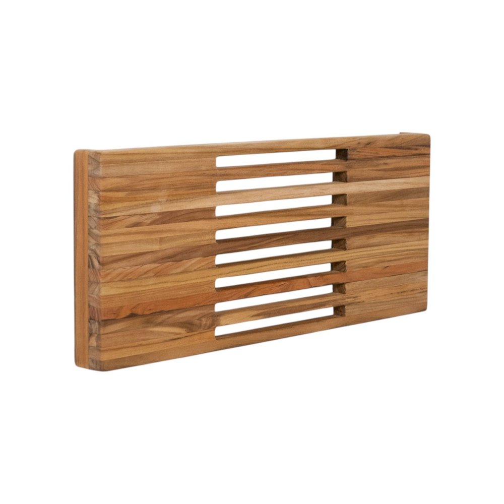 24" Brown Wall Mount Teak Rectangular Shower Bench. Shower bench isolated on a plain white background, finished in brown teak.
