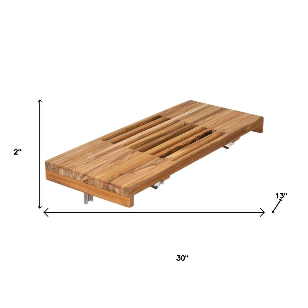 30" Brown Wall Mount Teak Rectangular Shower Bench - 2.00" H x 30.00" W x 13.00" D. Shower bench isolated on a plain white background, in a brown teak finish.