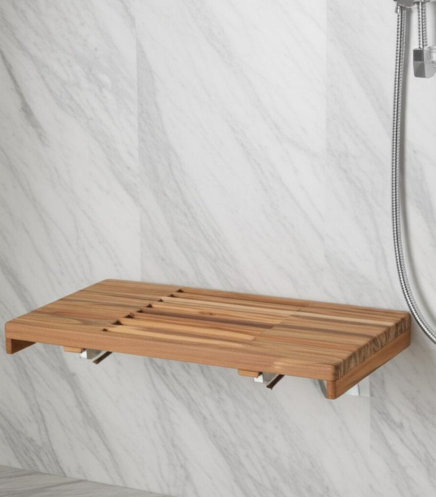 30" Brown Wall Mount Teak Rectangular Shower Bench - 2.00" H x 30.00" W x 13.00" D. Shower bench isolated on a plain white background, showing a brown teak surface.