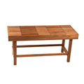 Brown teak rectangular shower bench with slatted top and lower shelf, isolated on a white background.