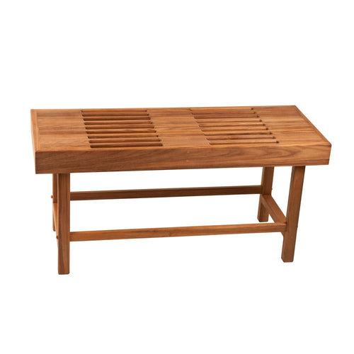 Brown teak rectangular shower bench with slatted top and lower shelf, isolated on a white background.