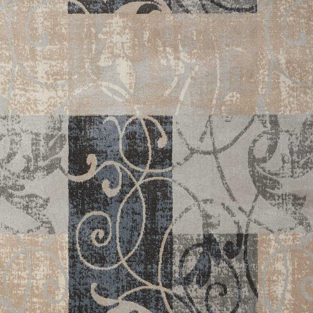 9' X 13' Tan Black and Ivory Floral Vines Non Skid Area Rug close-up detail