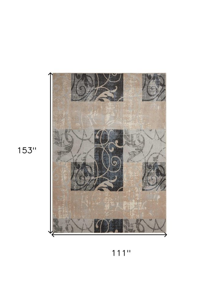 9' X 13' Tan Black and Ivory Floral Vines Non Skid Area Rug on a white background