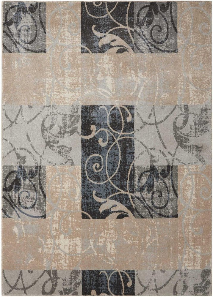 9' X 13' Tan Black and Ivory Floral Vines Non Skid Area Rug close-up detail