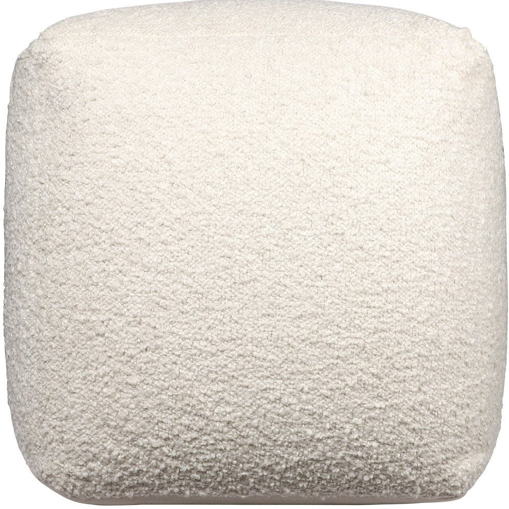Cropped view of 18" Beige Polyester Cube Outdoor Pouf Ottoman focusing on the beige fabric surface.