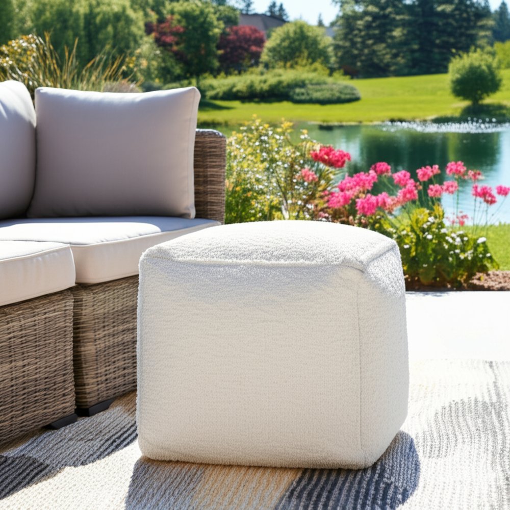 18" Beige Polyester Cube Outdoor Pouf Ottoman. Outdoor ottoman in beige fabric.