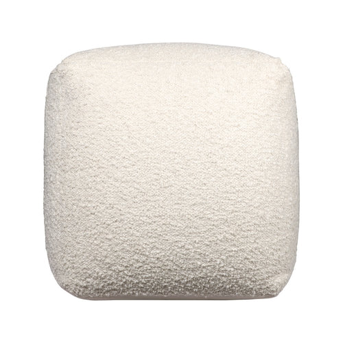 Ivory polyester cube ottoman with a textured finish on a white background.