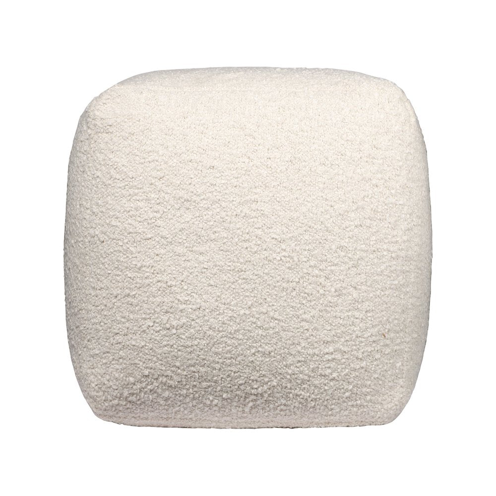 18" Beige Polyester Cube Outdoor Pouf Ottoman. Outdoor ottoman isolated on a plain white background, showing a beige fabric surface.