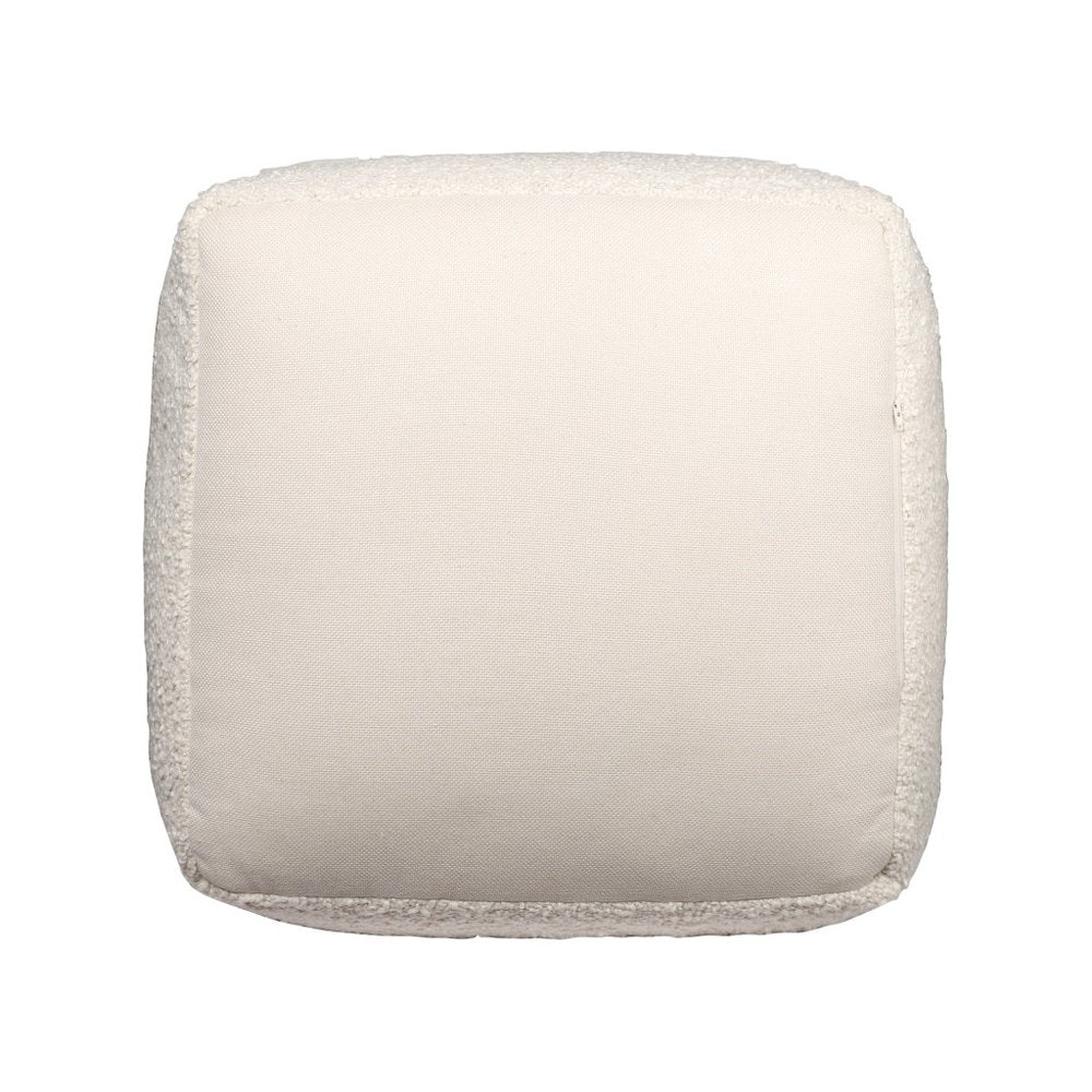 18" Beige Polyester Cube Outdoor Pouf Ottoman. Outdoor ottoman isolated on a plain white background, finished in beige fabric.