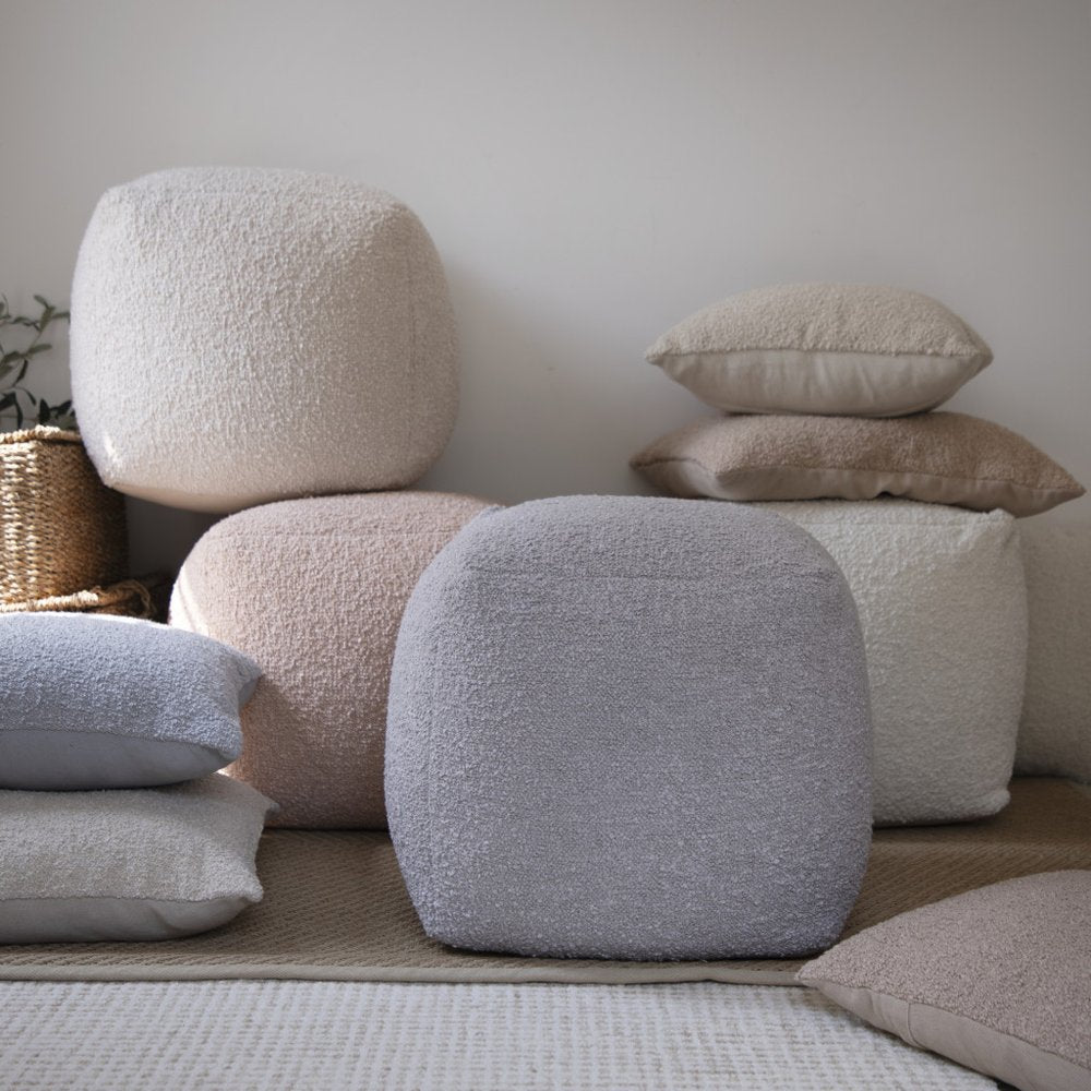 18" Beige Polyester Cube Outdoor Pouf Ottoman.