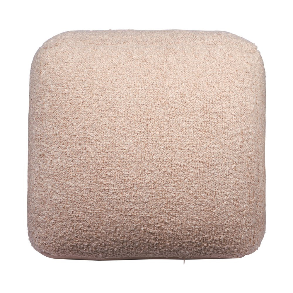 18" Beige Polyester Cube Outdoor Pouf Ottoman. Outdoor ottoman isolated on a plain white background, in a beige fabric finish.