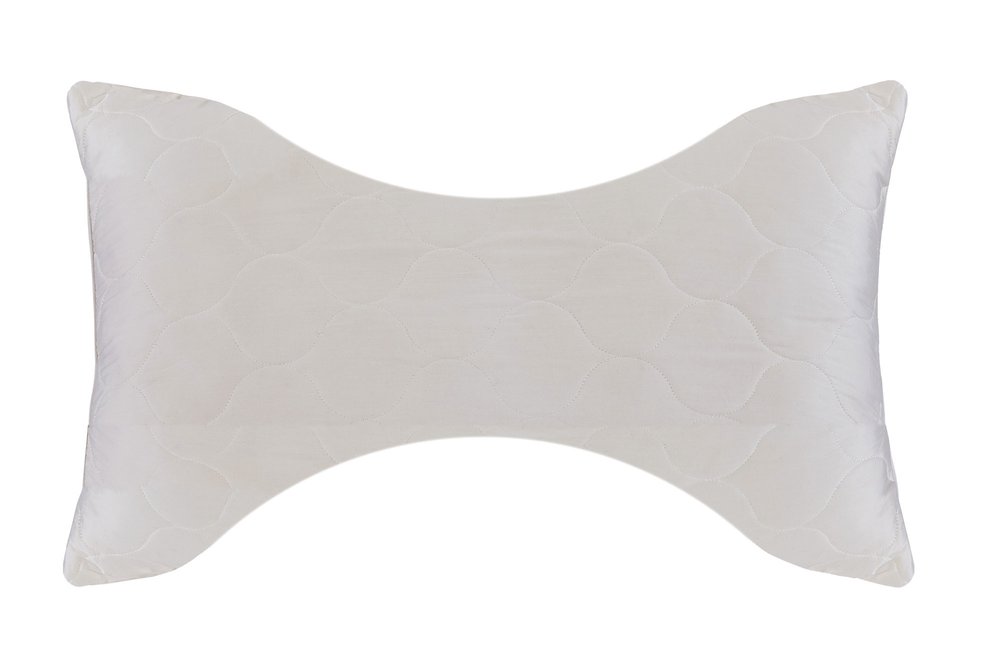 White ergonomic queen size bed pillow with a quilted wave pattern on a white background