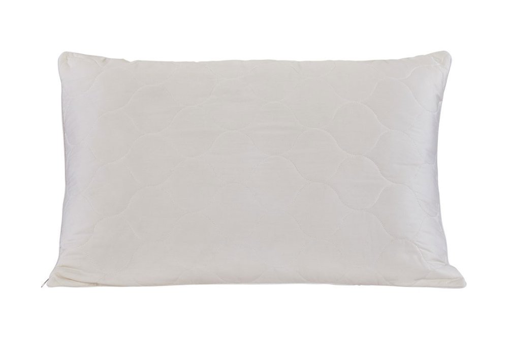 White quilted standard size bed pillow with a zipper closure on a white background.