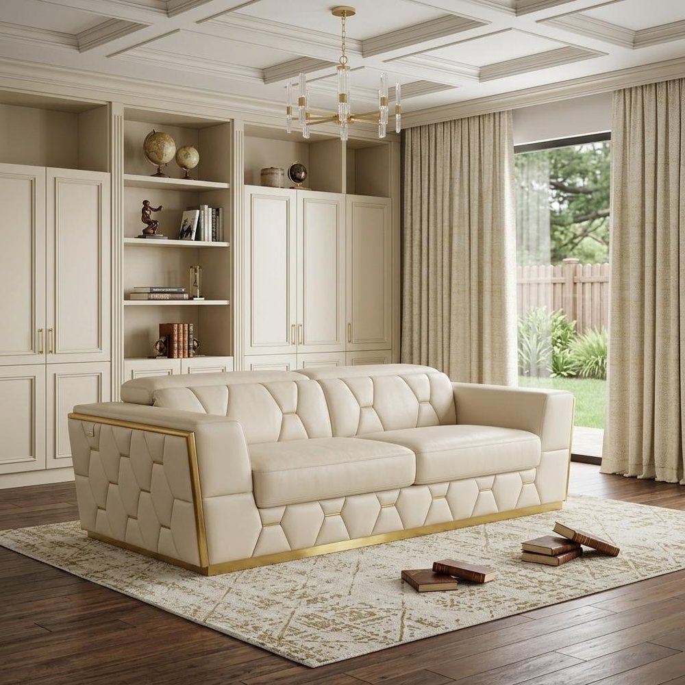 89" White And Silver Leather Sofa in a home interior