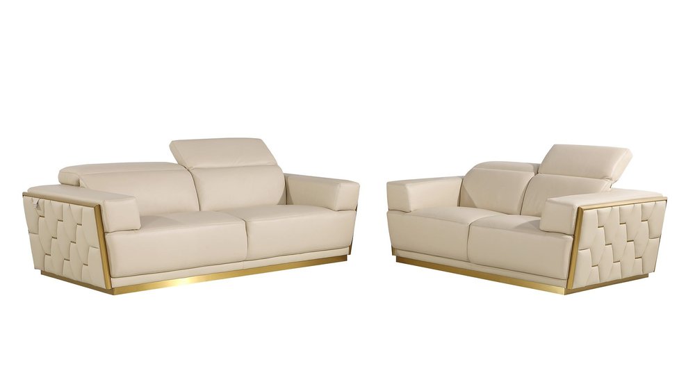 Two Piece Beige Italian Leather Five Person Seating Set