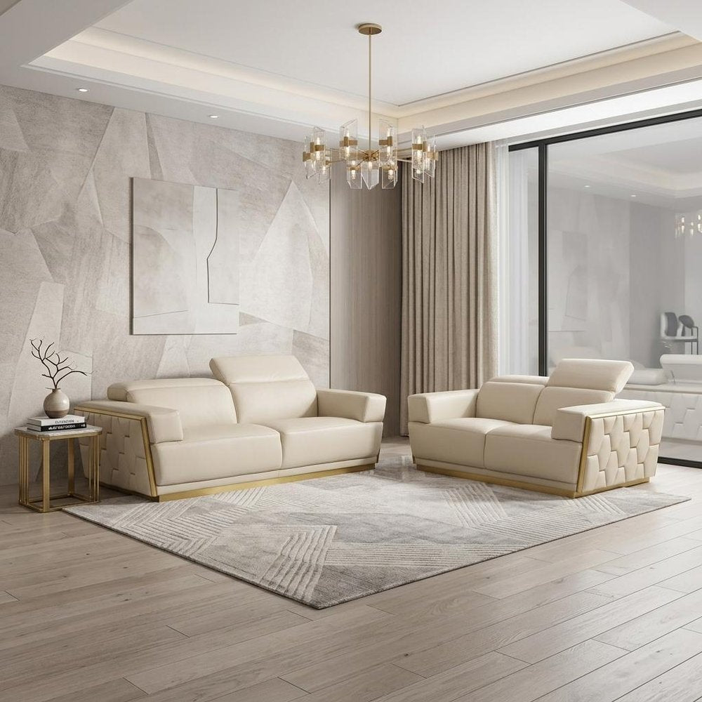 Two Piece Beige Italian Leather Five Person Seating Set